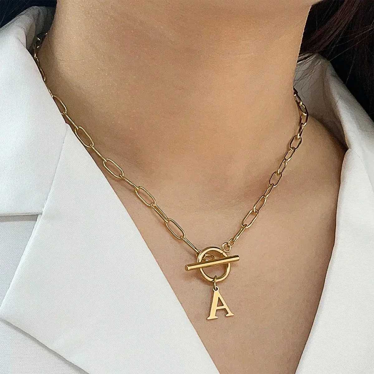 English Letter Initial Necklace 18K Gold Plated Stainless Steel OT Clasp Paper Clip Chain Necklace for Women G251217