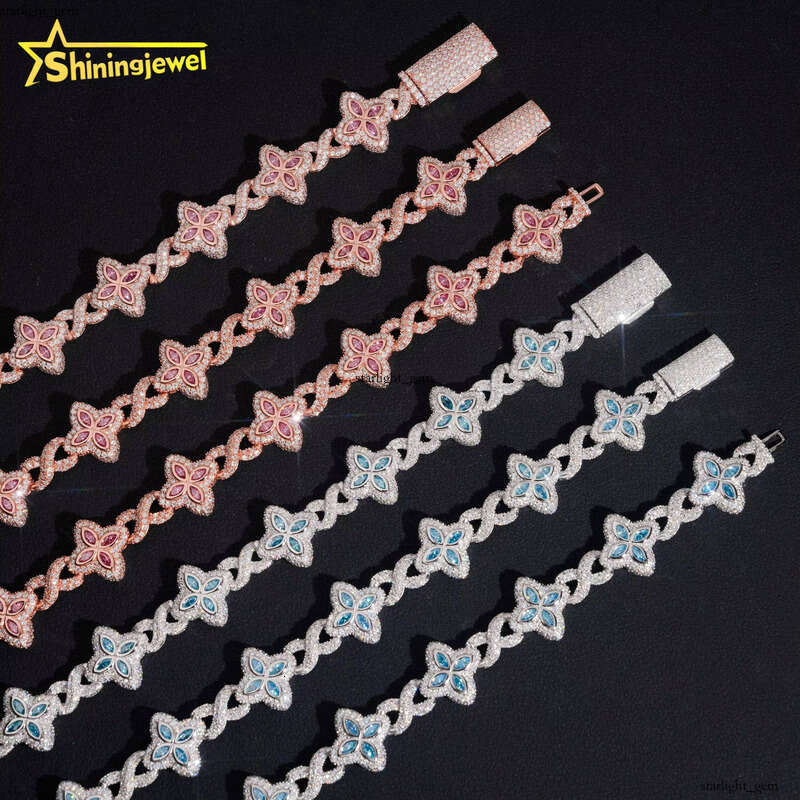 15mm Iced Out Hip Hop Jewelry Bracelet 925 Sterling Silver Marquise Diamond VVS D Moissanite Cuban Chain Clover Necklace