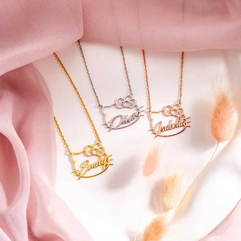 Personalized Name Necklace Custom Cute cat Pendant Stainless Steel Necklace Pet Cat Lovers Jewelry Birthday Gift for Her G251217
