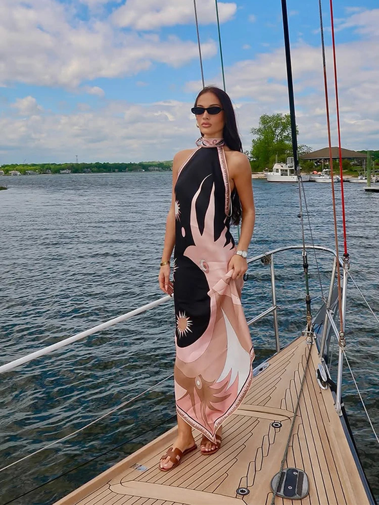 Sexy Print Halter Midi Dress Women Sleeveless Backless Lace Up Irregular Robe 2025 Summer Elegant Female Vacation Party Dresses 251213