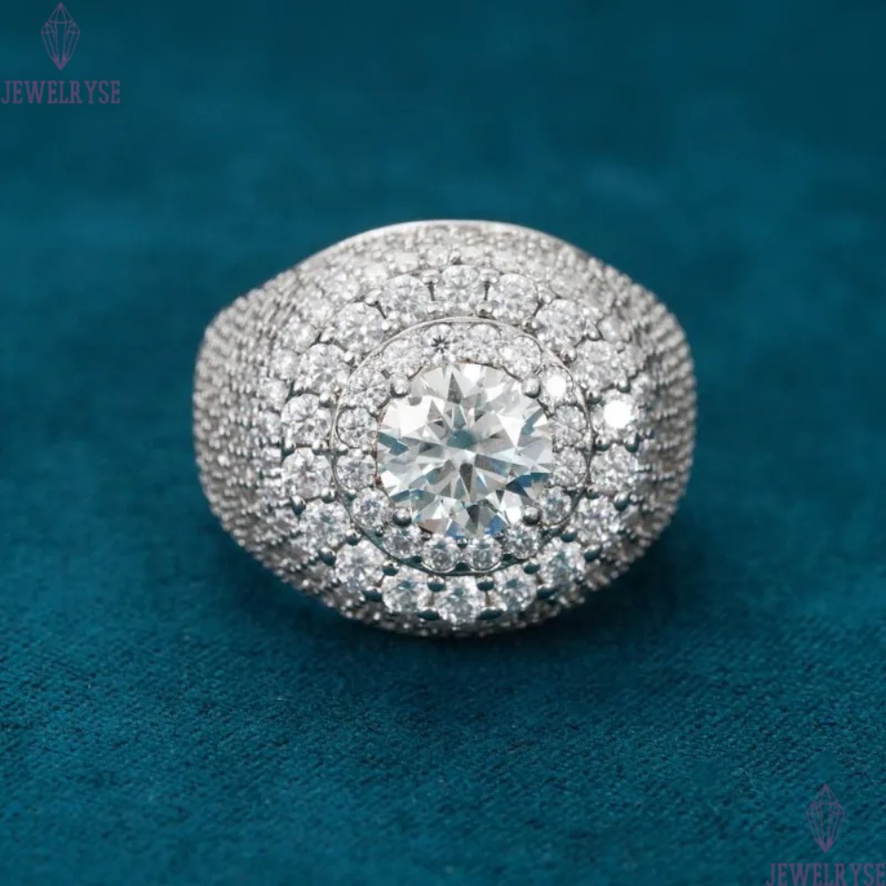 Hip Hop VVS D Color Moissanite Bling Mens Cluster Double Halo Signet Ring With 925 Sterling Silver Pass Diamond Tester GRA A