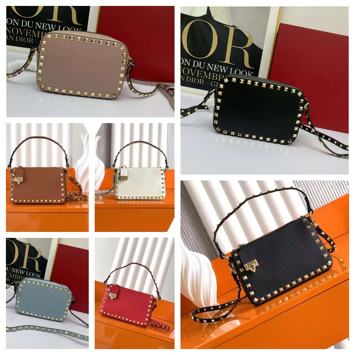 women luxnuy designer rock bag stud classic rivet Camera Bag Grain cowhide zipper buckle fashion shoulder bag outdoors elegant lady crossbody bag makeup bag wallet