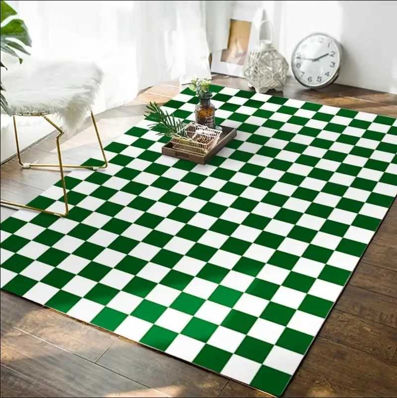 VIKAMA Carpet Checkered Living Ro and Bedro Carpet Green and White Checkered Modern Ins Moroccan Floor Mat He Decoration Y251216