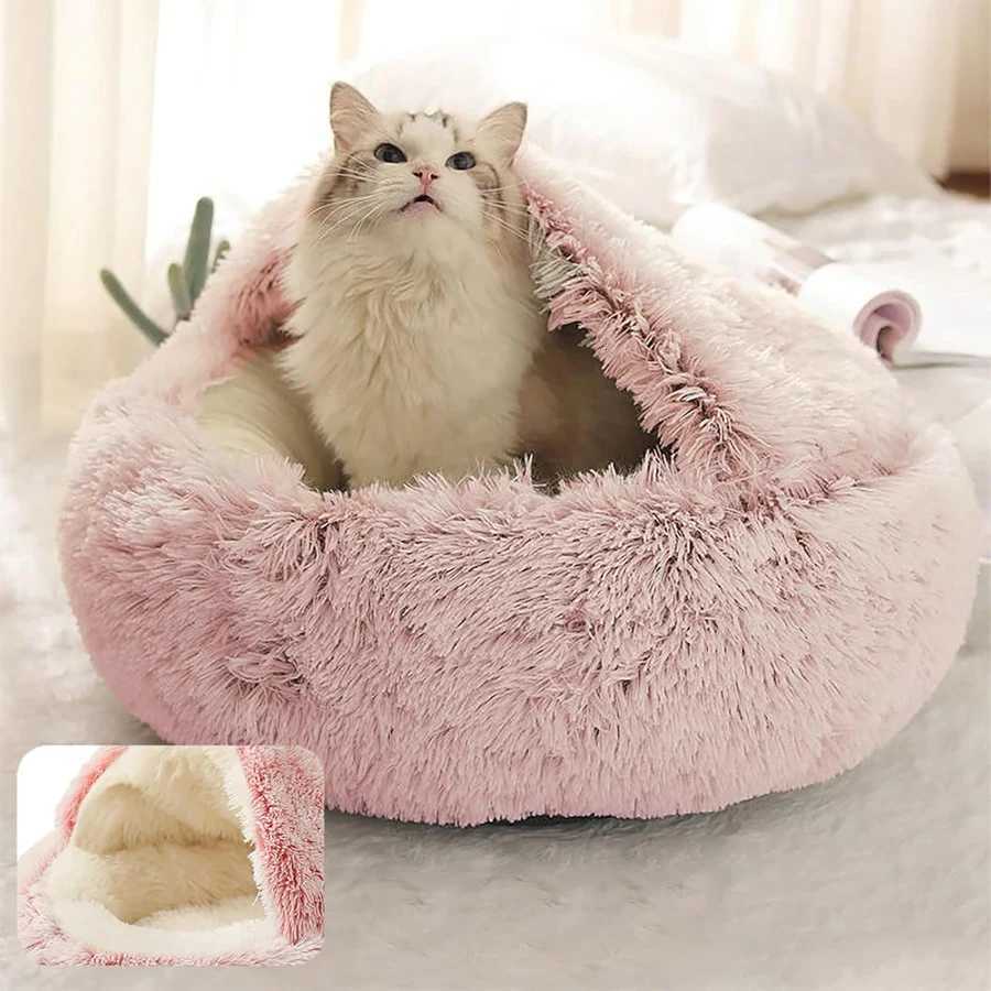 Cat Bed Round Plush Fluffy Hooded Cat Bed Cave Cozy for Indoor Cats or Small Dog beds Soothing Pet Beds Doughnut M251217