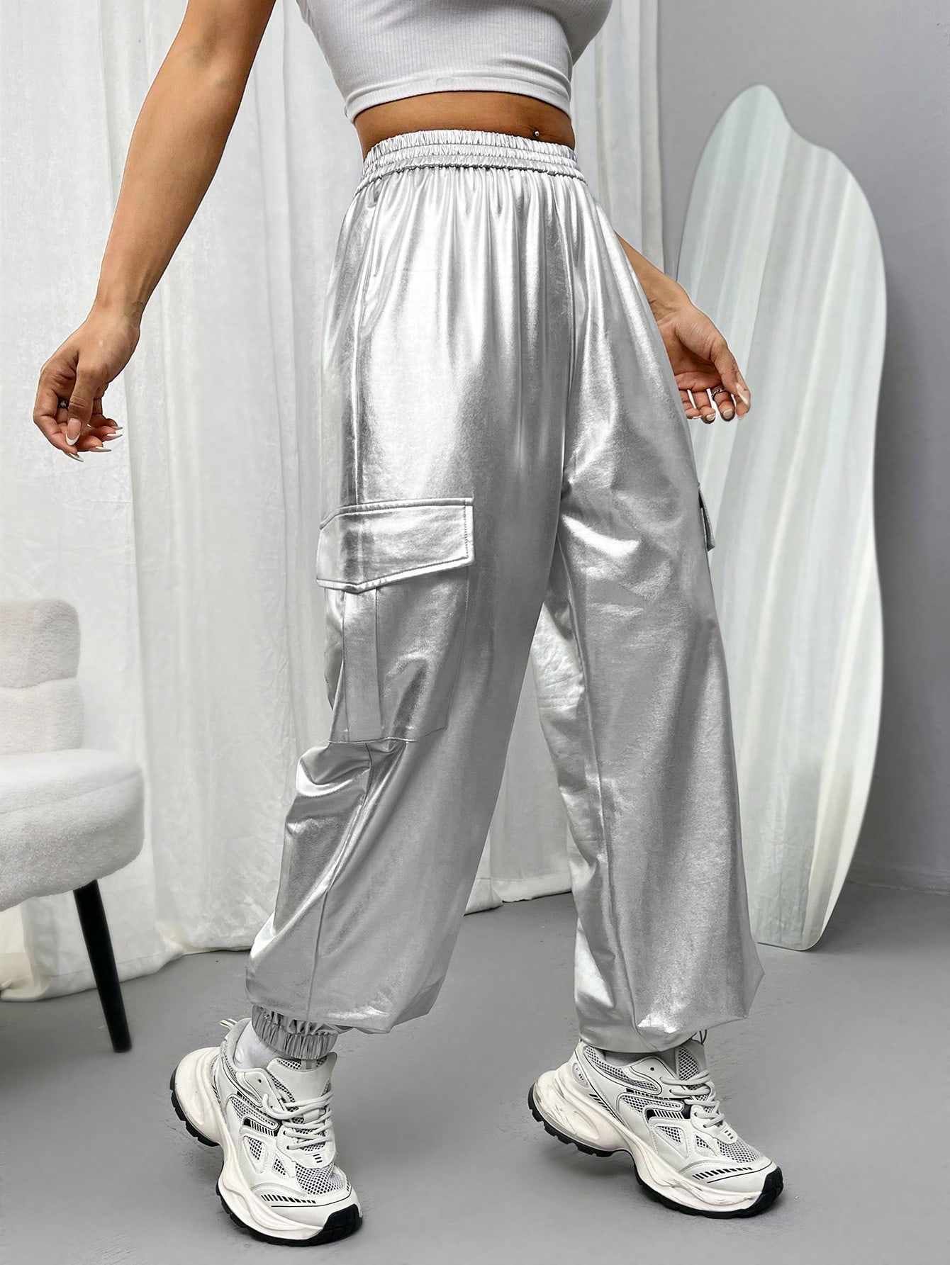 Silver Metallic Shiny Cargo Pants for Women - High Waist Elastic Waist Drawstring Jogger Pants Streetwear-114