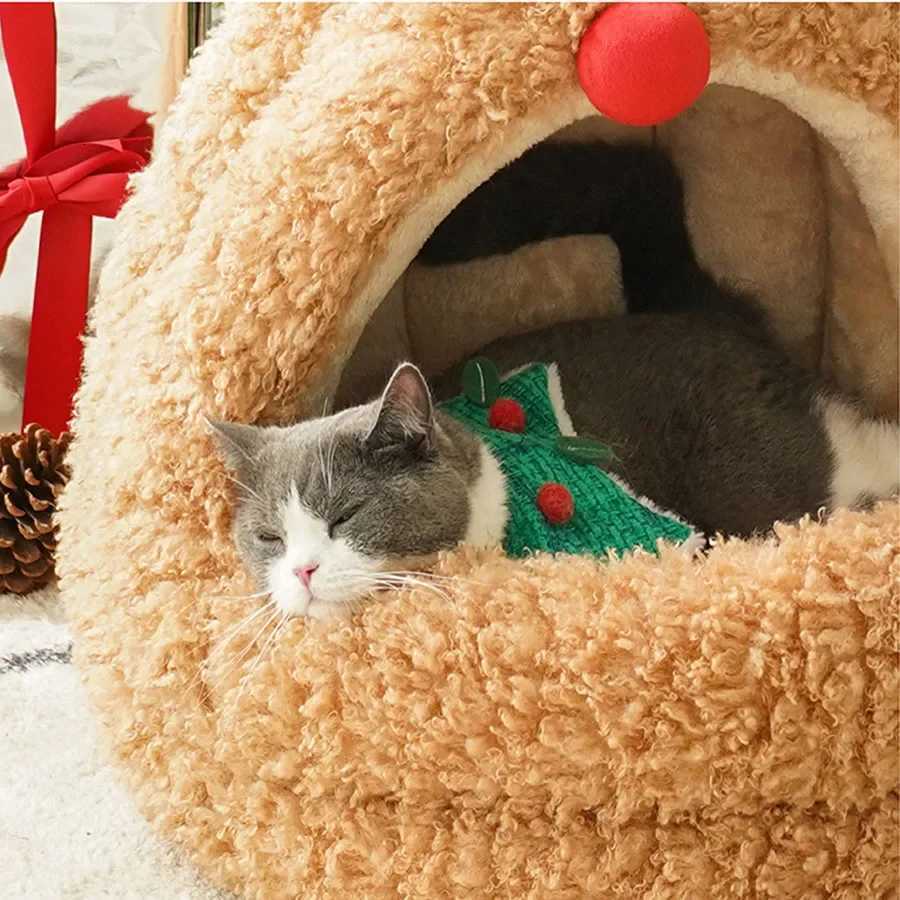 Enclosed Cat Bed Brown Christmas Mat Plush New Year Style Indoor Indestructible Hut Cute Nest Funny Katzenhaus Cats Accessories M251217