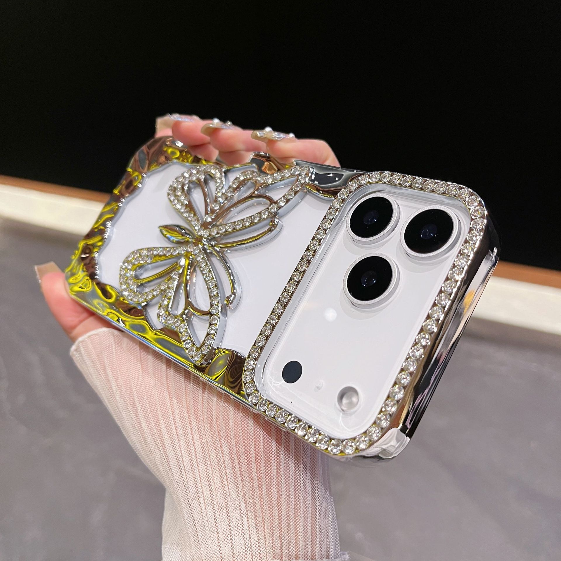 New Electroplated Hollow Butterfly Case iPhone 17 Pro Max, Apple 16, 15 Glitter Rhinestone 14 for Women