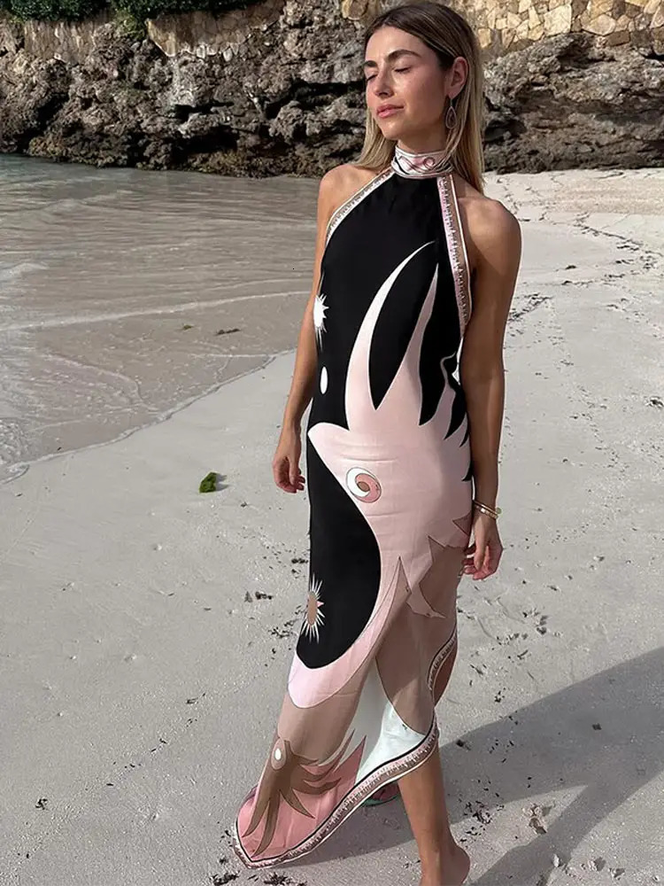 Sexy Print Halter Midi Dress Women Sleeveless Backless Lace Up Irregular Robe 2025 Summer Elegant Female Vacation Party Dresses 251213