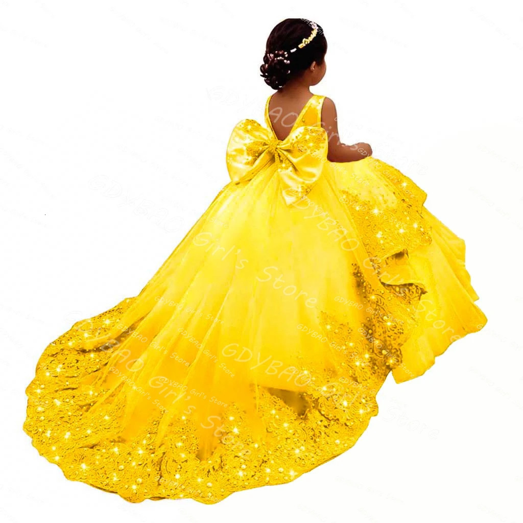 Sky Blue Princess Pageant Dress With Train Birthday Gown Kids Beaded Lace Flower Girl Dress Customized Wedding Party Frock 251216