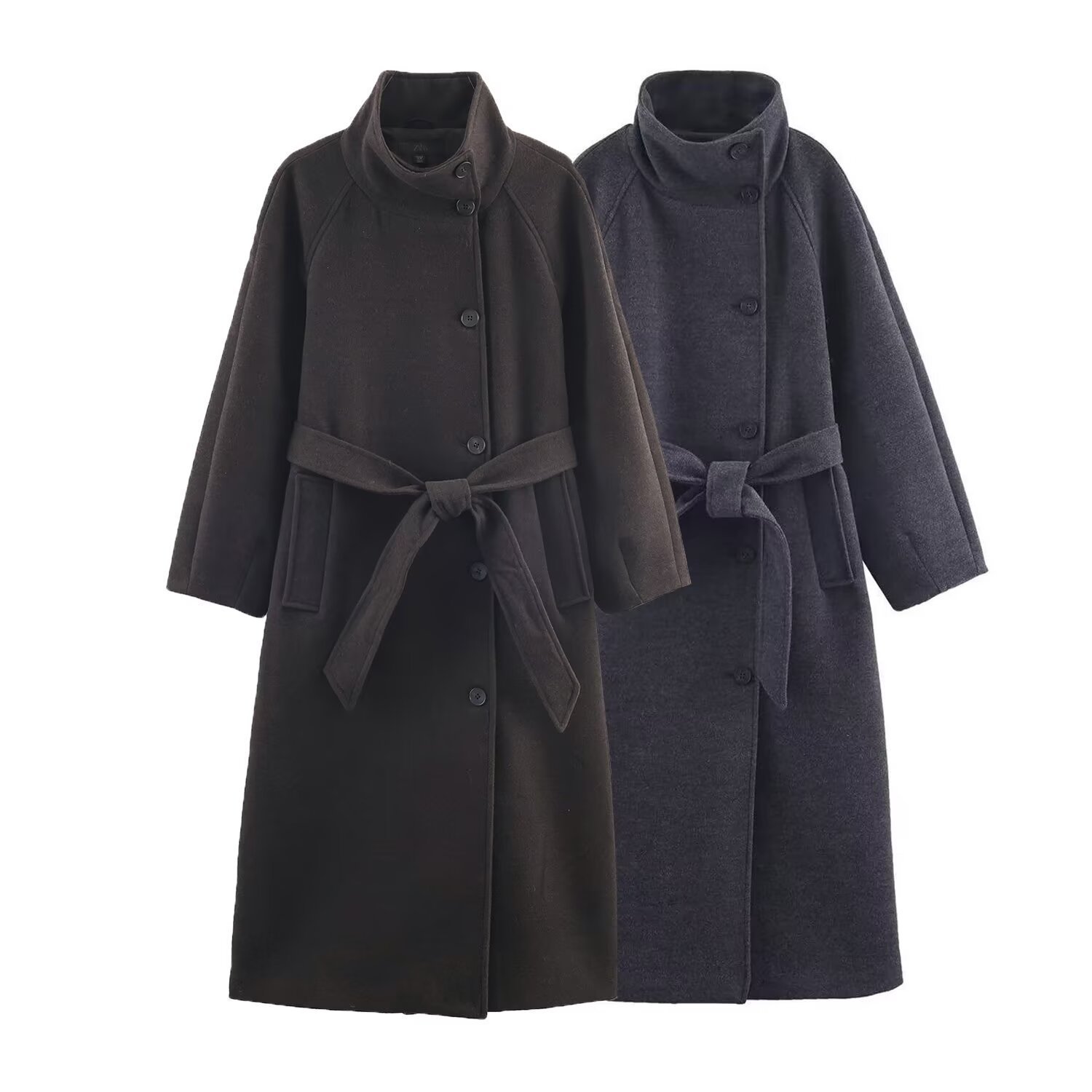 Chic Lace Up Long Woolen Coat Women Stand Collar Single Breasted Full Sleeve Thick Overcoats Autumn Winter Lady Outwear 251021