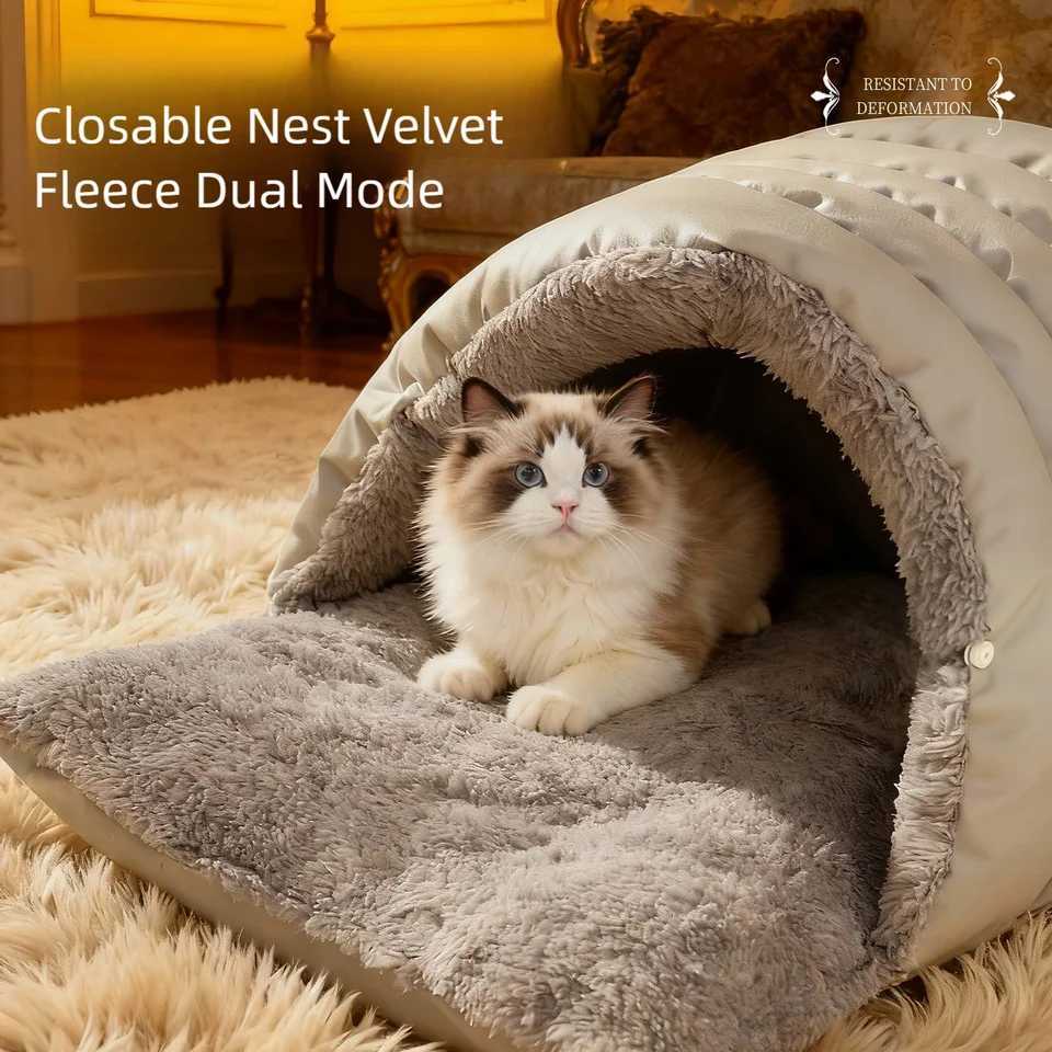 Winter warming semi-enclosed safety pet bed thickened small dog bed large space leather cat sleeping bag M251217