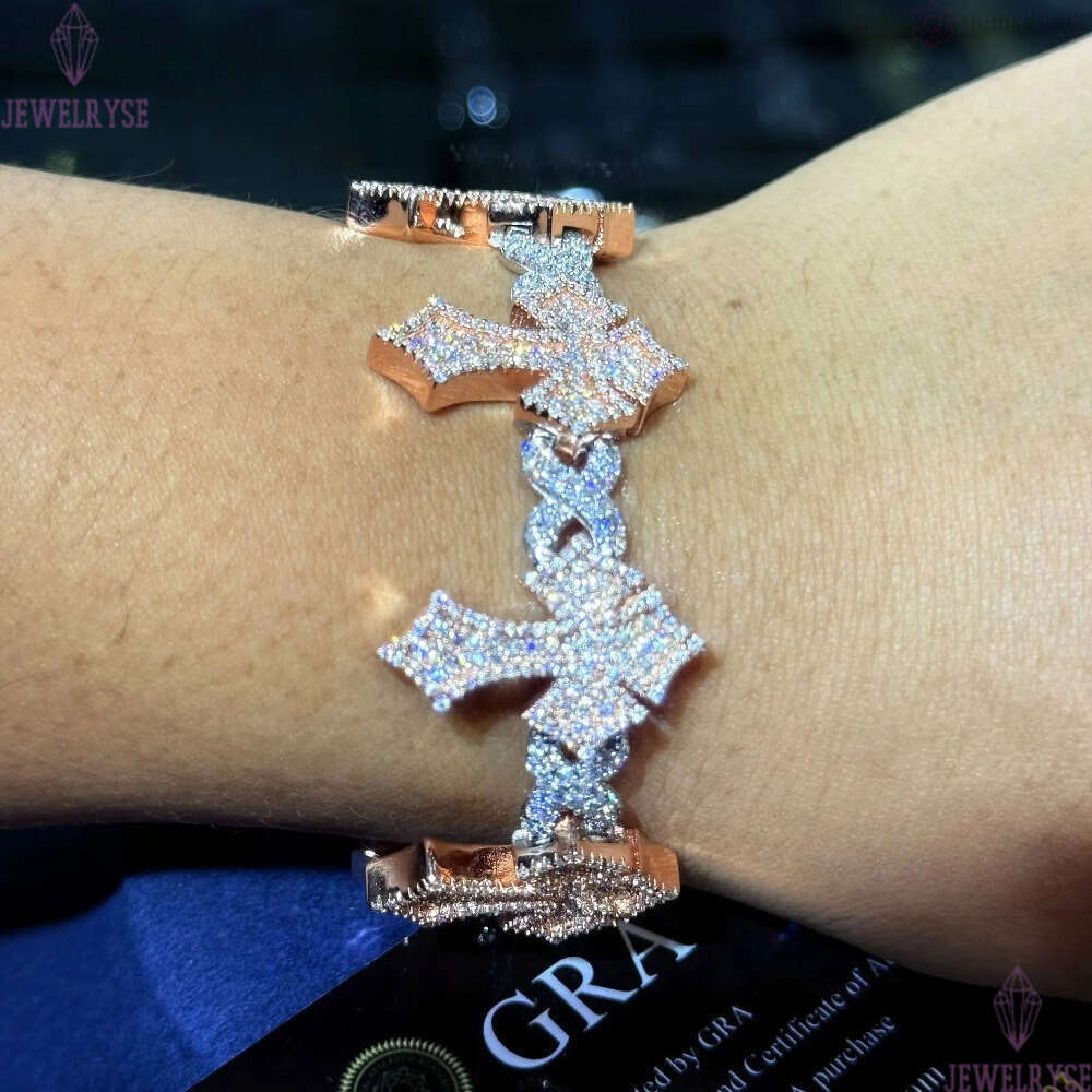 New Fashion Jewelry Silver 925 Hip Hop Iced Out Men Bracelet VVS Moissanite Lab Diamond Jewelry Cross Cuban Link Chain Bracelet