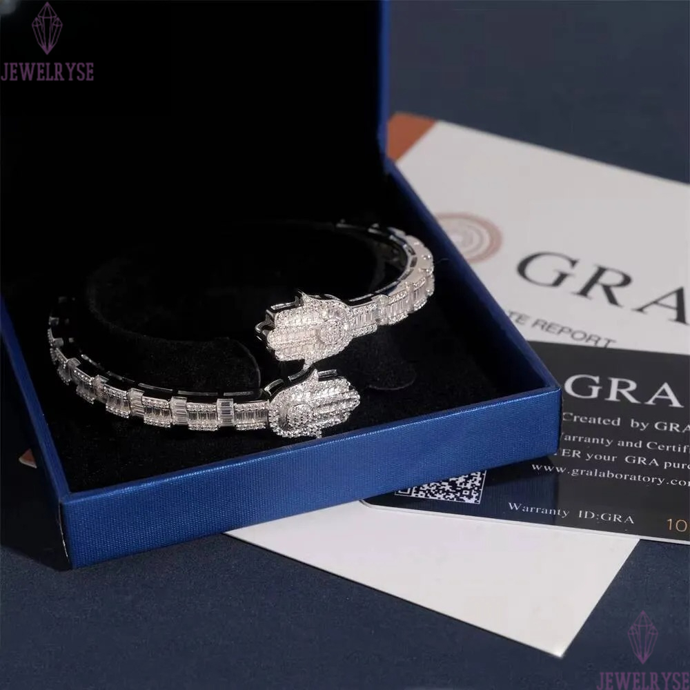 New Design Hamsa Hand Bangle Fine Hip Hop Jewelry Silver Plated Baguette Custom Iced Out 925 Silver VVS Moissanite Bracelet