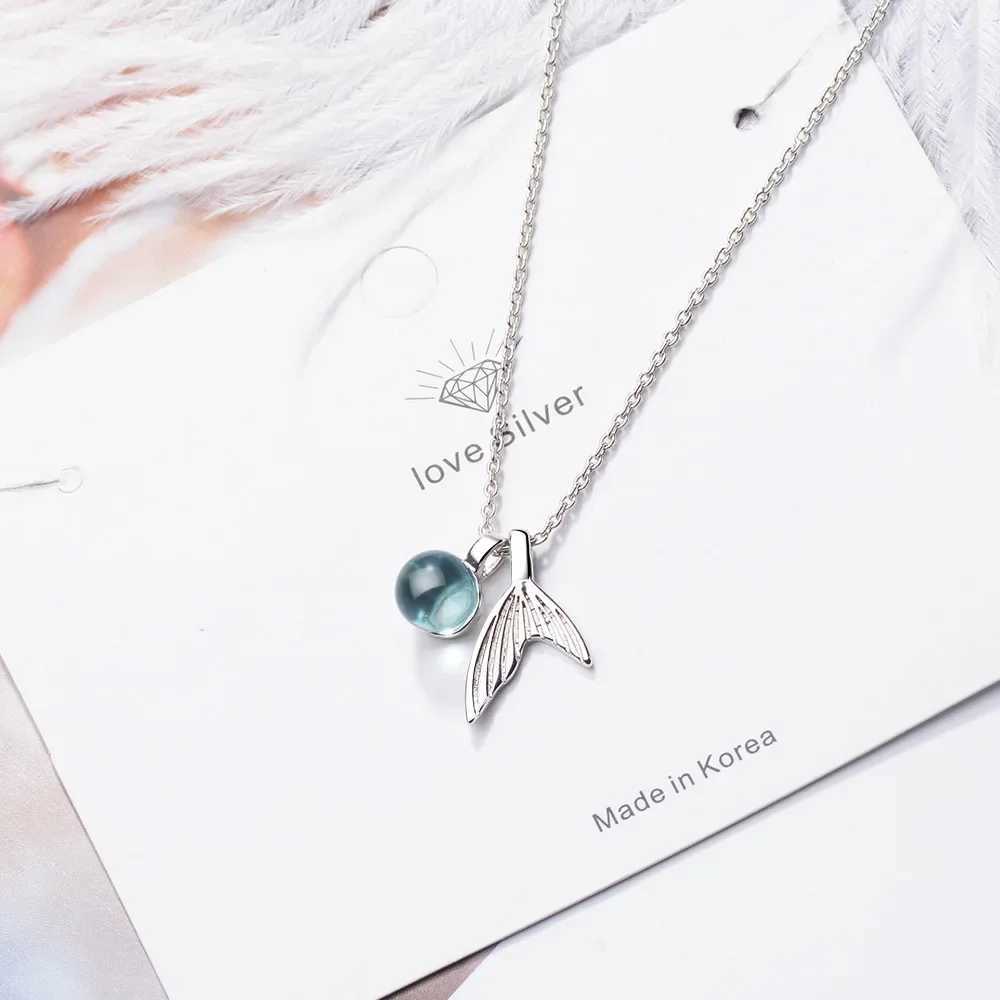 S925 Sterling Silver Womens Sapphire Bead Mermaid Tail Pendant Necklace 40cm35cm Luxury Jewelry G251217