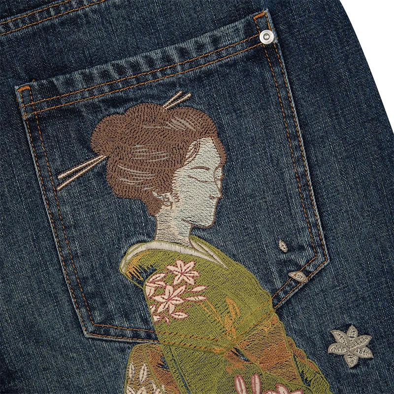 Japanese Kimono Girl Floral Embroidery Vintage Artistic High Waist Wide Leg Jeans Y2K Men Women Casual Fashion Streetwear 251213