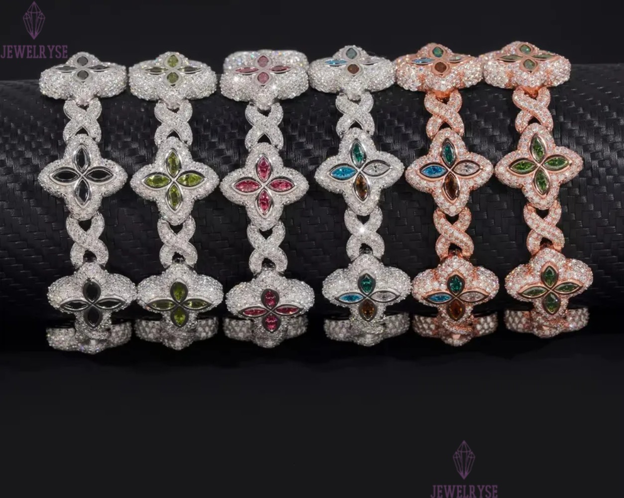 Fashion Design Infinity Link Clover Bracelet Pass Diamond Tester S925 Colored Marquise Moissanite Diamond Clover Cuban Bracelet
