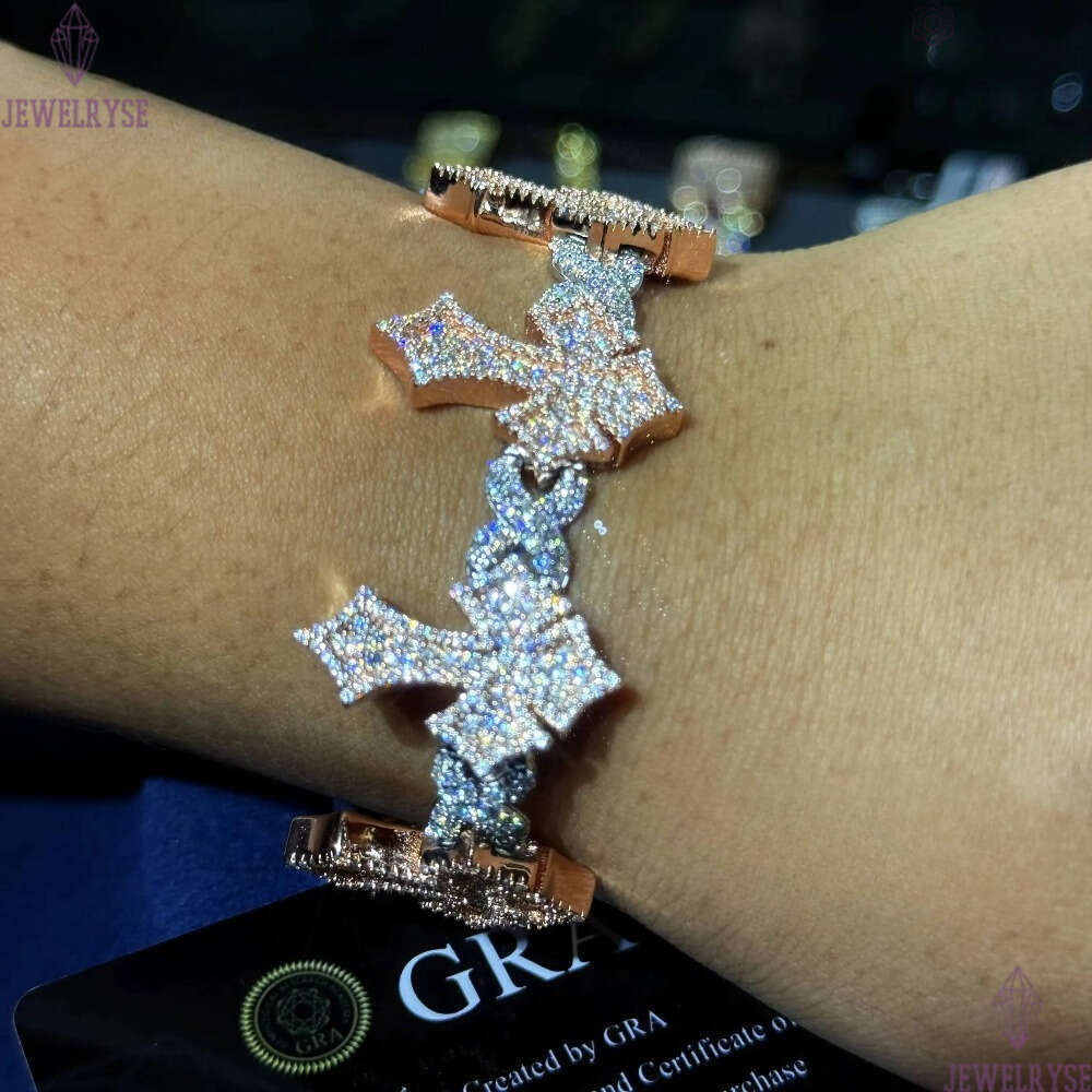 New Fashion Jewelry Silver 925 Hip Hop Iced Out Men Bracelet VVS Moissanite Lab Diamond Jewelry Cross Cuban Link Chain Bracelet