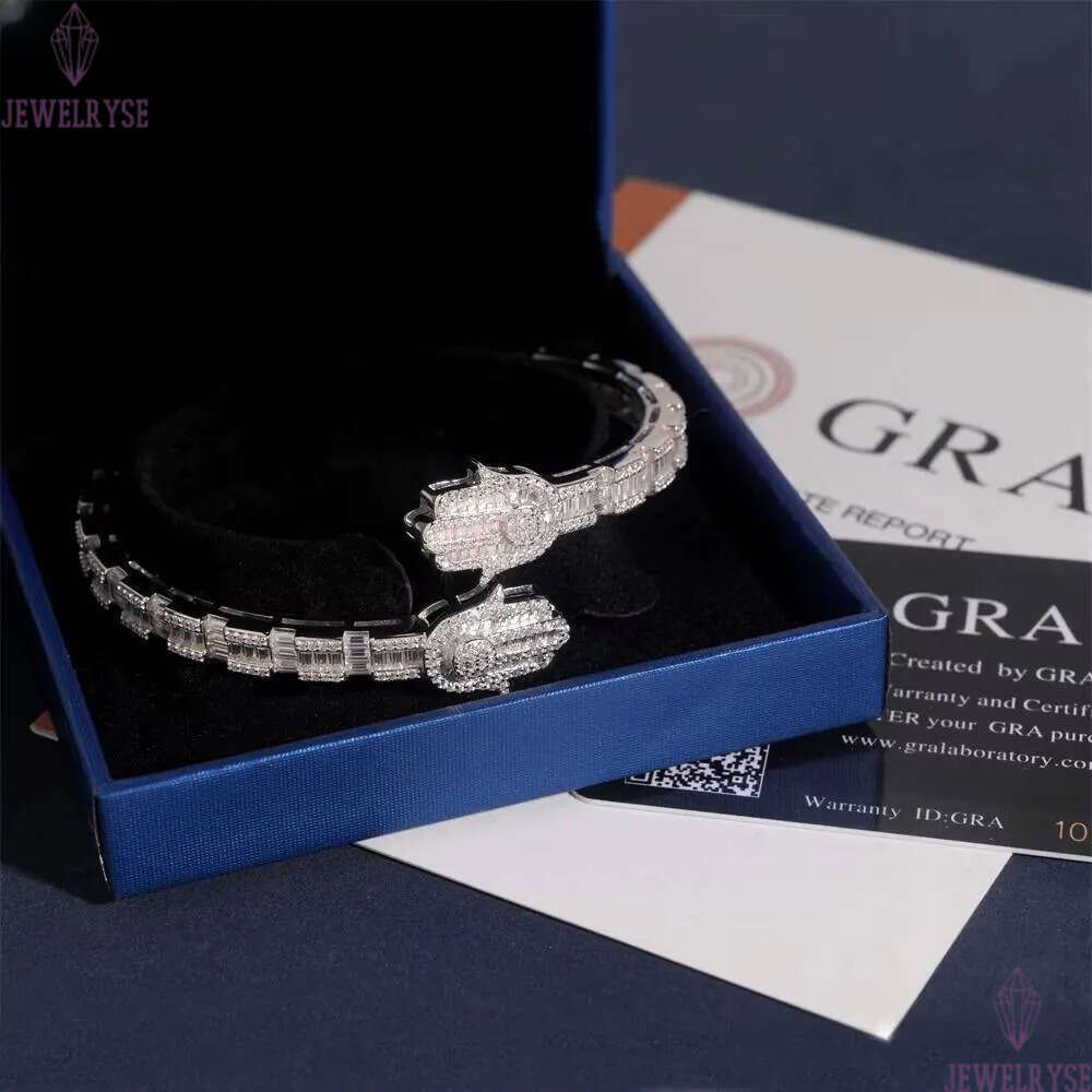 New Design Hamsa Hand Bangle Fine Hip Hop Jewelry Silver Plated Baguette Custom Iced Out 925 Silver VVS Moissanite Bracelet