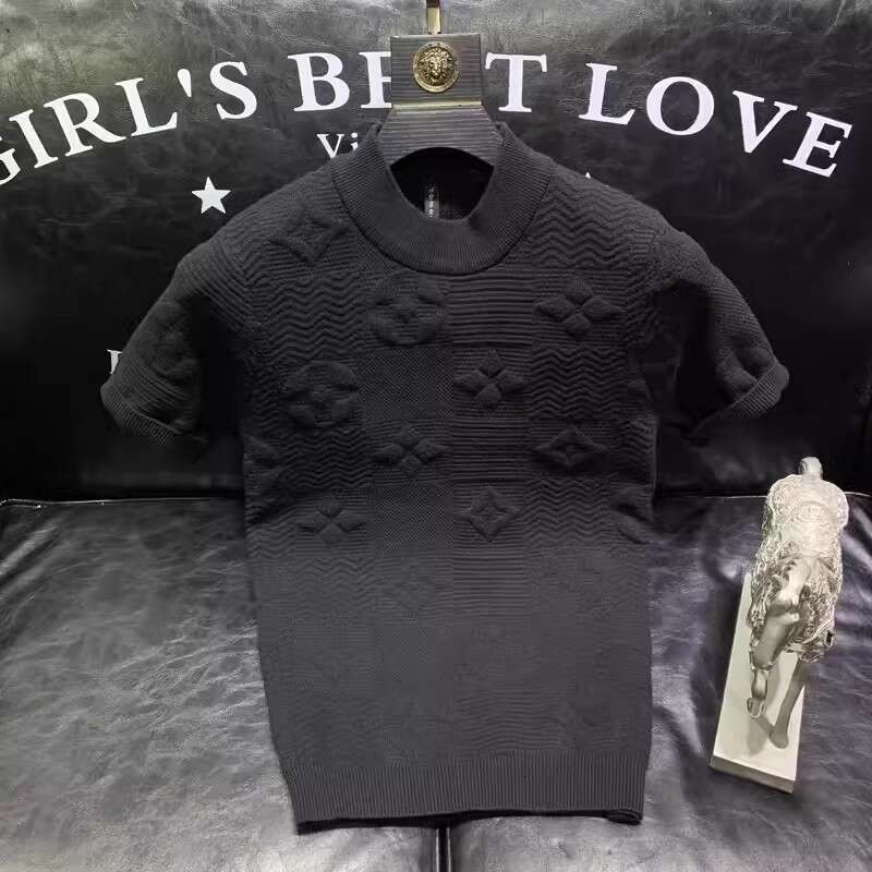 spring summer new jacquard round neck Light luxury knitted sweater t-shirt men's fashion simple jacquard half-sleeved sweater