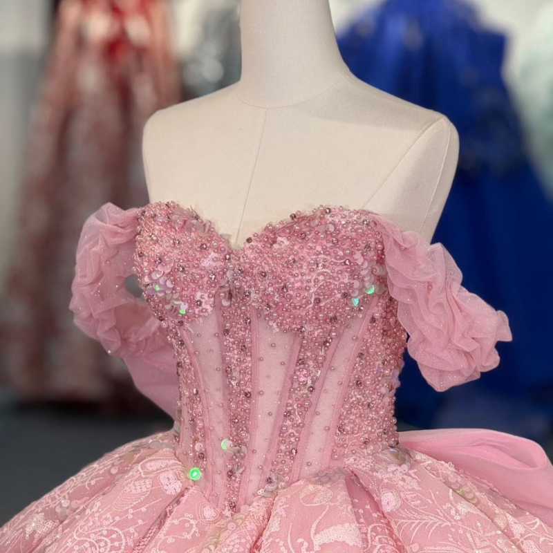 Pink Quinceanera Dresses Off The Shoulder Sequin Applique Beading Bow Tull Party Birthday Sweet 16 Dress Vestidos 15 De Anos