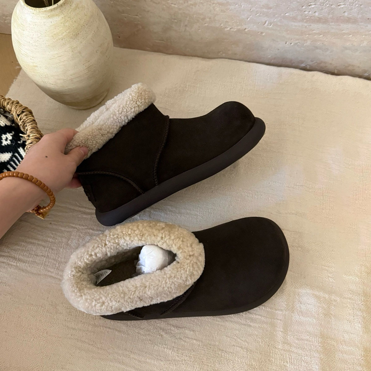 Hot Sale Retro Round Toe Ankle Boots for Women, Plush Lined Low Top Snow Boots Chunky Sole Winter Fuzzy Warm Shoes