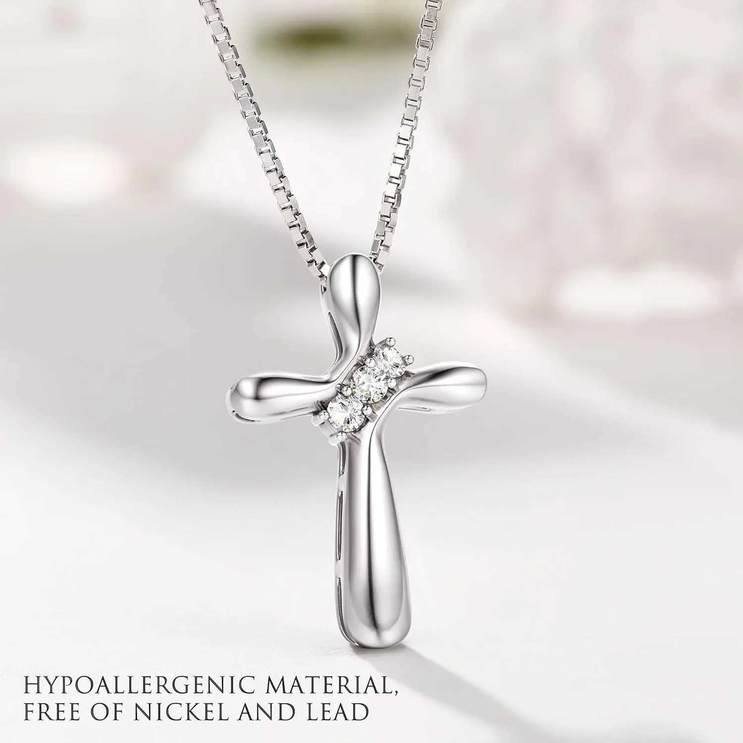 925 Sterling Silver Cross Necklace for Women 3 Stone Cubic Zirconia Silver Cross Pendant Necklaces with 1 MM Box Chain18 Inches G251217