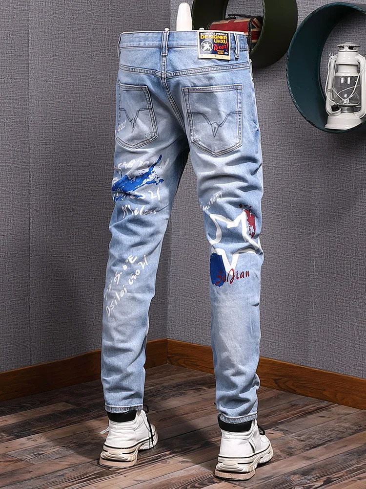 Slim Straight Jeans Men Trendy Printed n Streetwear Fashion Vintage Washed Stretch Handsome Mens Pants 251205