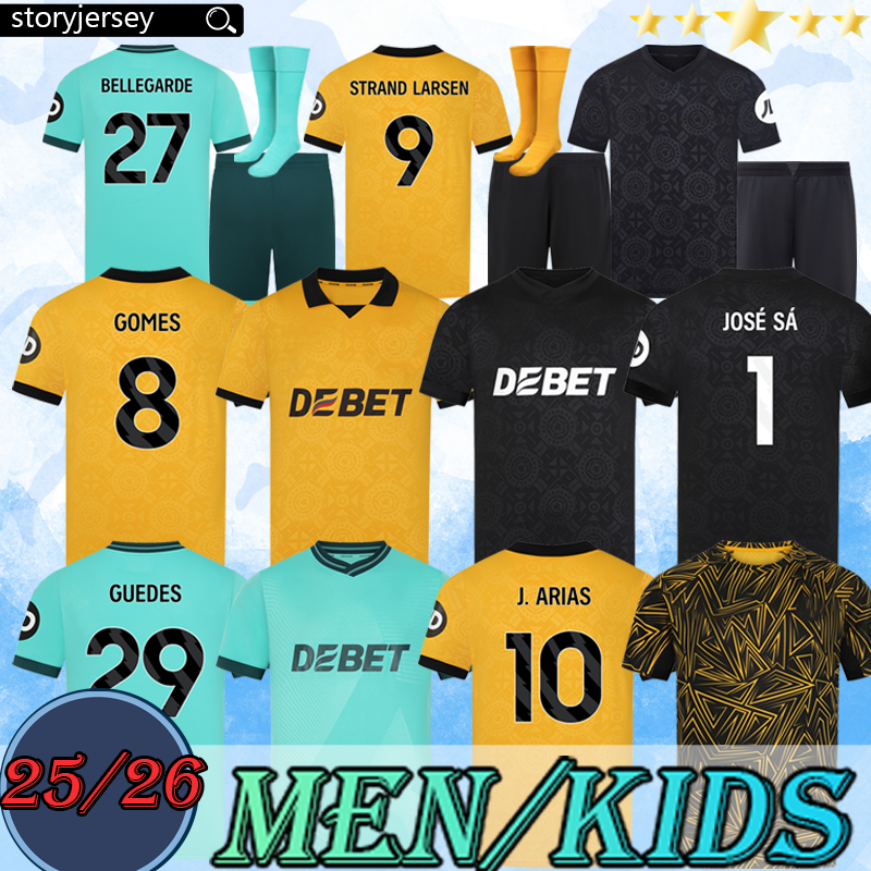 wolveses 25 26 Soccer Jerseys STRAND LARSEN GUEDES WOL Kit Wolverhamptons Wandererses Jersey 70 Year Anniversary WOLF Football Shirts GOMES uniform Kids equipment