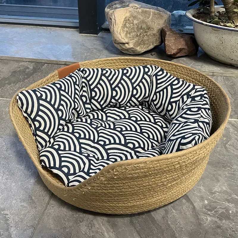 Pet Bed Soft Cat Kennel Dog Beds Sofa Bamboo Weaving Four Season Cozy Nest Baskets Waterproof Removable Cushion Sleeping Bag M251217