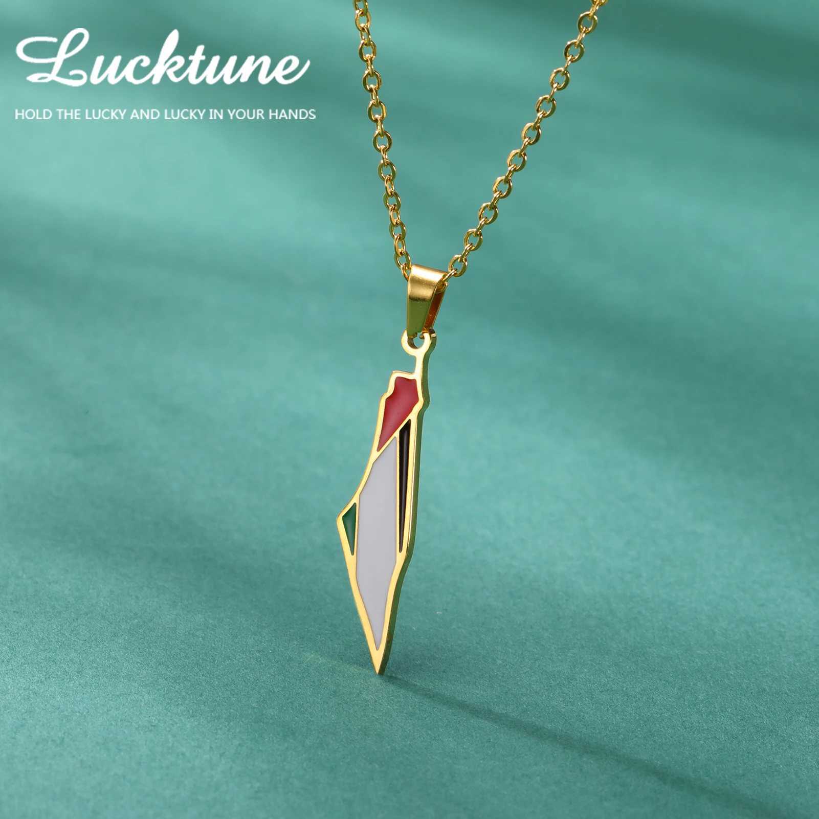 Lucktune Palestine Flag Map Enamel Pendant Necklace for Women Men Stainless Steel Map Geography Chain Necklace Jewelry Gift New G251217