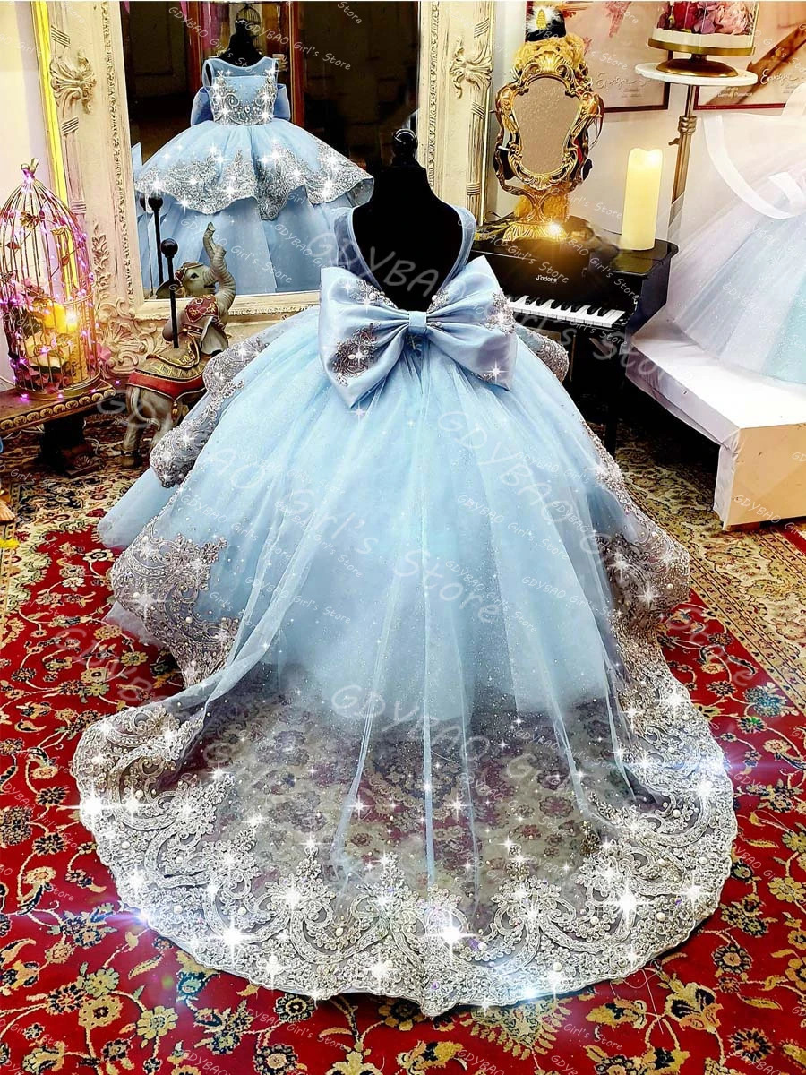 Sky Blue Princess Pageant Dress With Train Birthday Gown Kids Beaded Lace Flower Girl Dress Customized Wedding Party Frock 251216