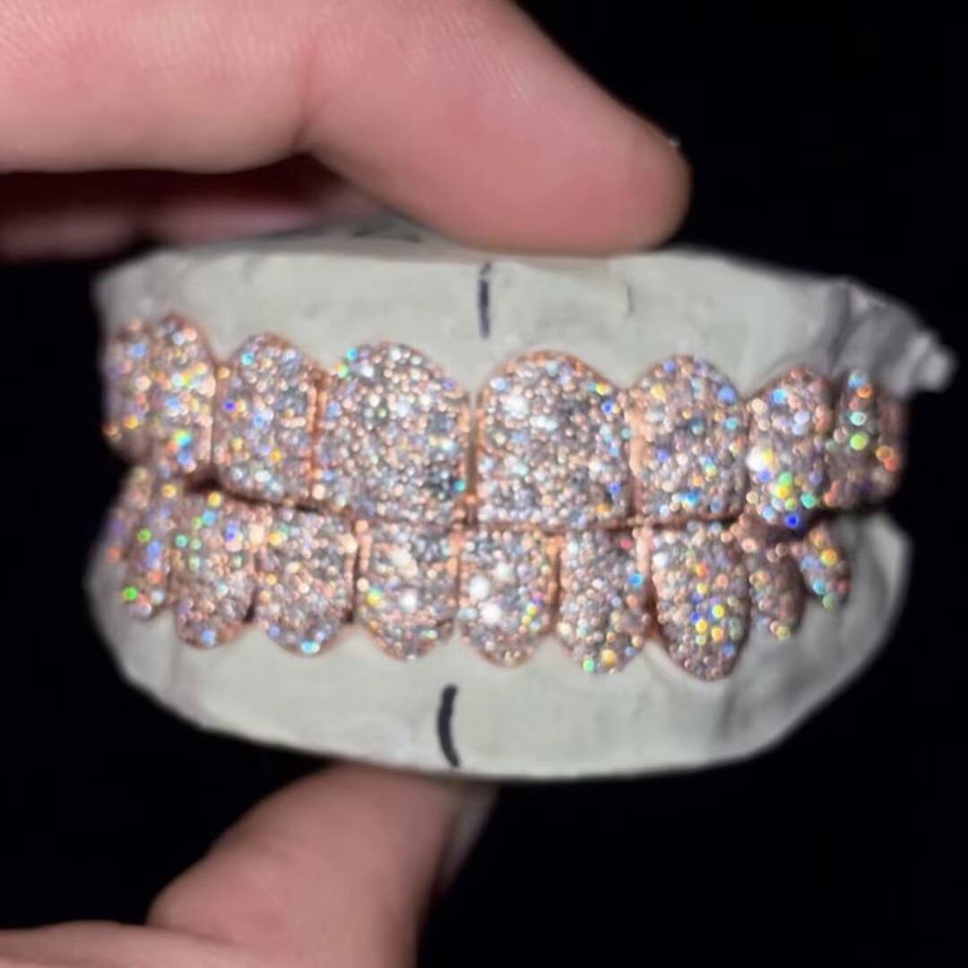 Hip Hop Rose Gold Plated Grillz Iced Out Diamond Teeth Top 10 Bottom 10 S925 Sterling Sliver VVS Moissanite Grillz Factory Price