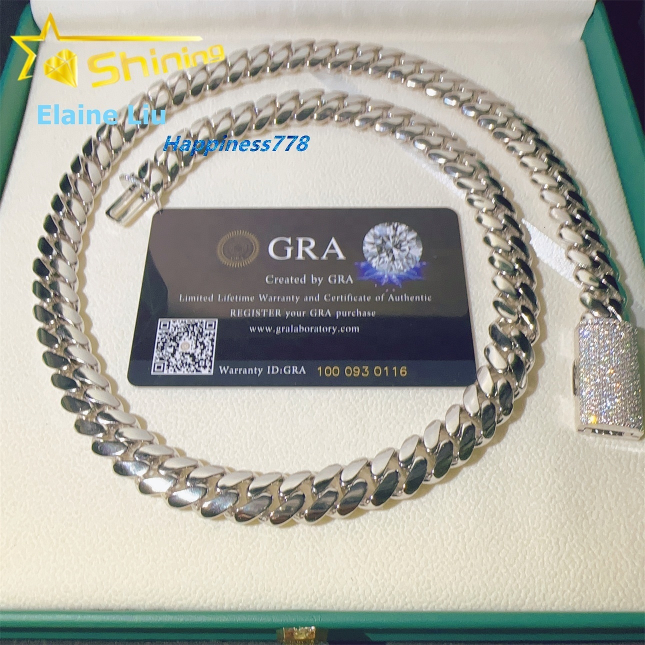 VVS Moissanite 12mm Sterling Silver 925 Hip Hop Chain VVS Fine Jewelry Miami Cuban Link Chain Moissanite Necklace