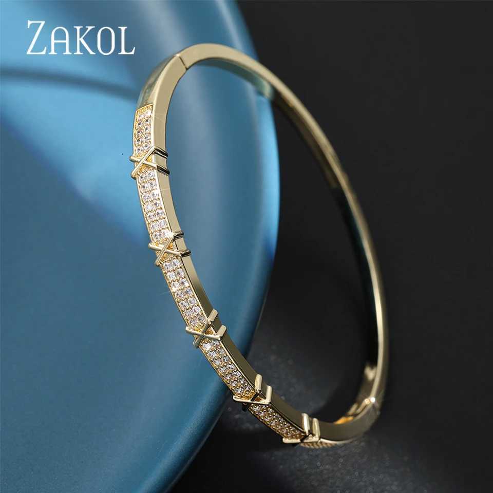 ZAKOL Luxury Shiny Zircon X Shaped Cross Bangle for Women Men Exquisite Birthday Jewelry Gift M251217