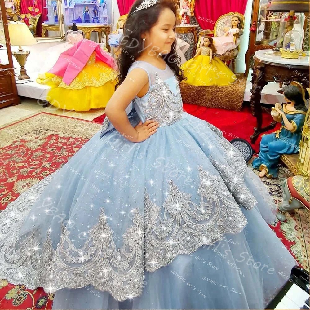 Sky Blue Princess Pageant Dress With Train Birthday Gown Kids Beaded Lace Flower Girl Dress Customized Wedding Party Frock 251216