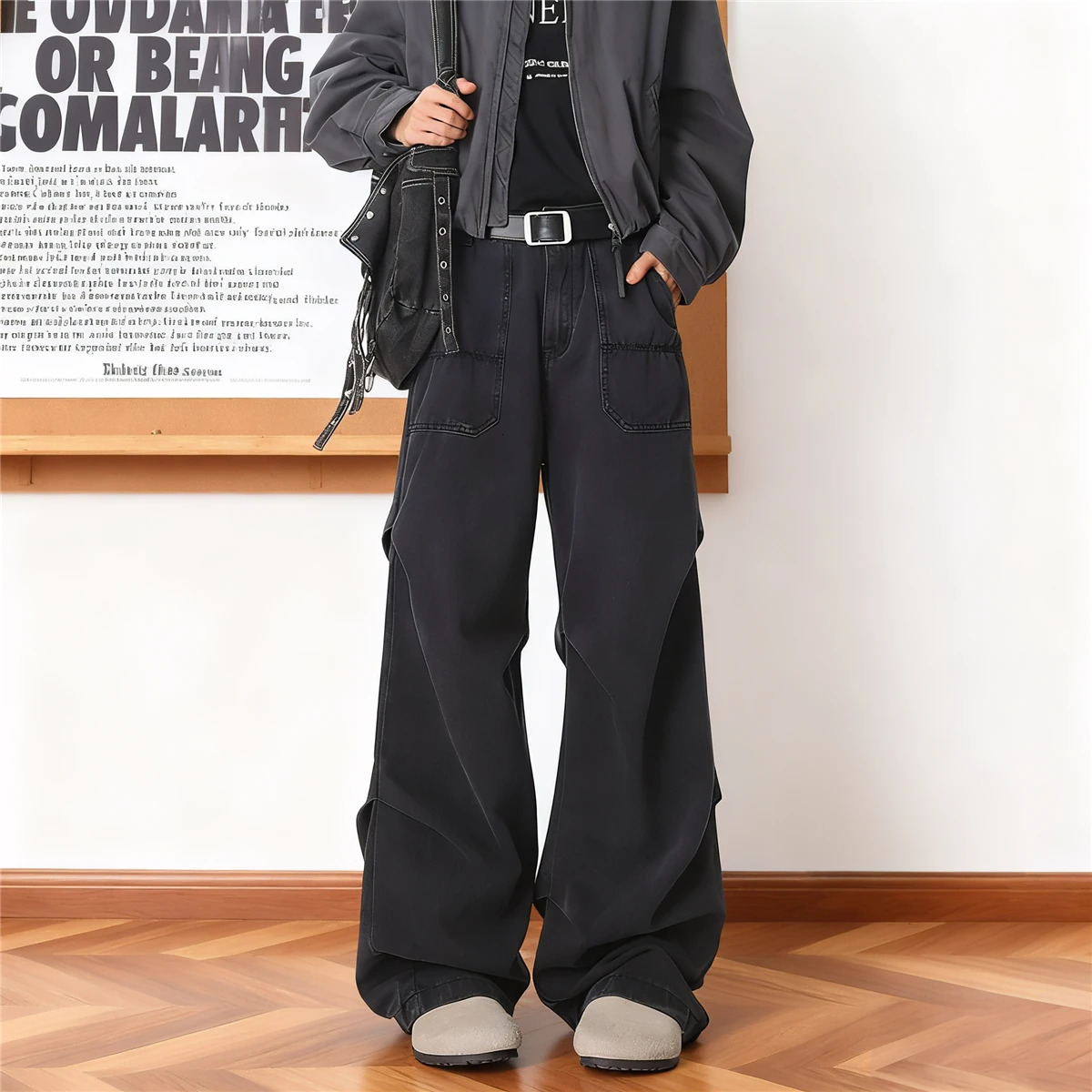 Folded Hem Wide Leg Jeans Mens Casual Washed Pants Deep Color Pocket Workwear Spring Autumn Thickened Cotton Denim Trousers 251205