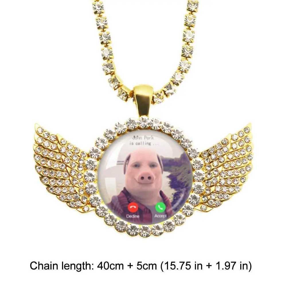For John Pork Is Calling Answer Call Phone Humor Funny Pig Lover Graphic The Moon Necklace Angel Wings Pendant Necklace Gift G251217