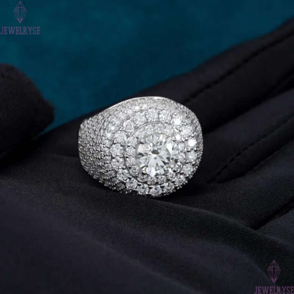 Hip Hop VVS D Color Moissanite Bling Mens Cluster Double Halo Signet Ring With 925 Sterling Silver Pass Diamond Tester GRA A