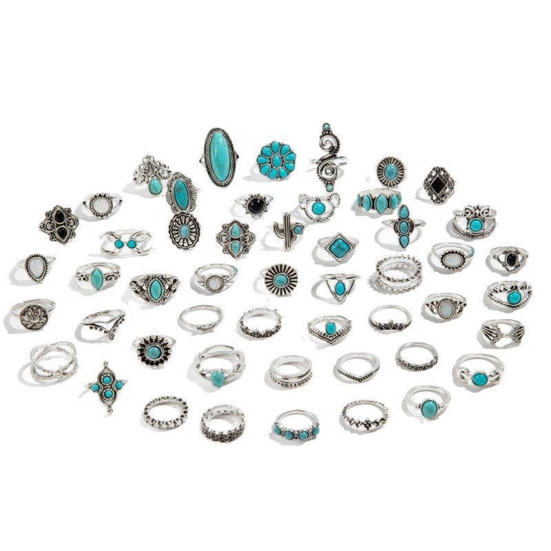 30pcs/Lot Factory Wholesale Ethnic Style Turquoise Stone Finger Rings For Women Tai Silver Plated Flower Cutout Snake Spider Animal Leaf Love Snake Je