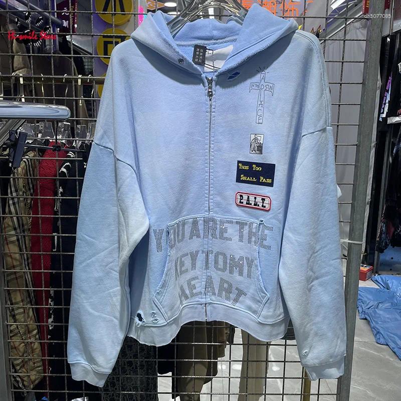 Men's Hoodies Autumn Winter Loose Paly Men Woman Cotton Good Quality Damaged Hole Old Washed Blue Retro Zip Hooded Sweatshirts