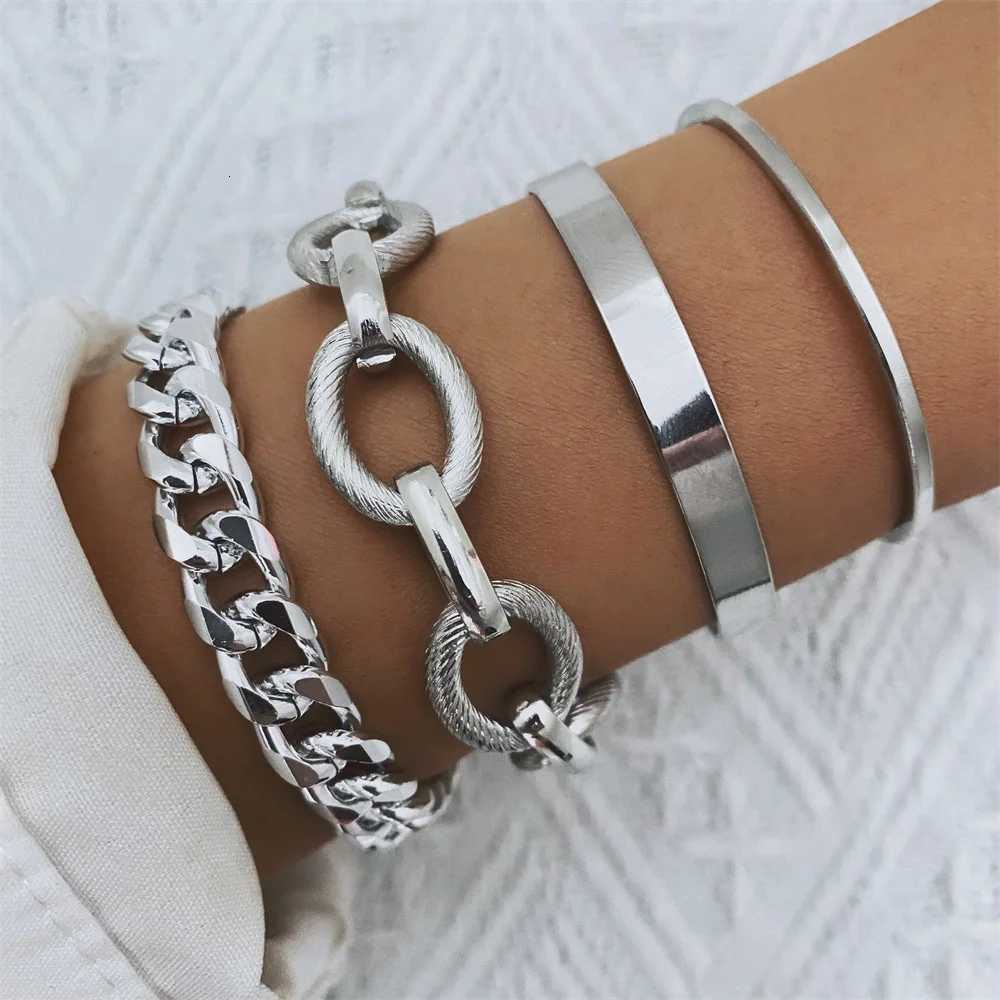 4Pcs Punk Heavy Metal Big Thick Chain Set Women Retro Geometric Metal Twist Chain Bangles Fashion Jewelry M251217