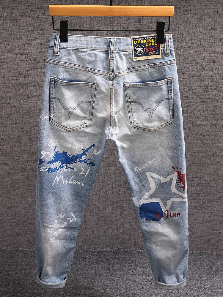 Slim Straight Jeans Men Trendy Printed n Streetwear Fashion Vintage Washed Stretch Handsome Mens Pants 251205