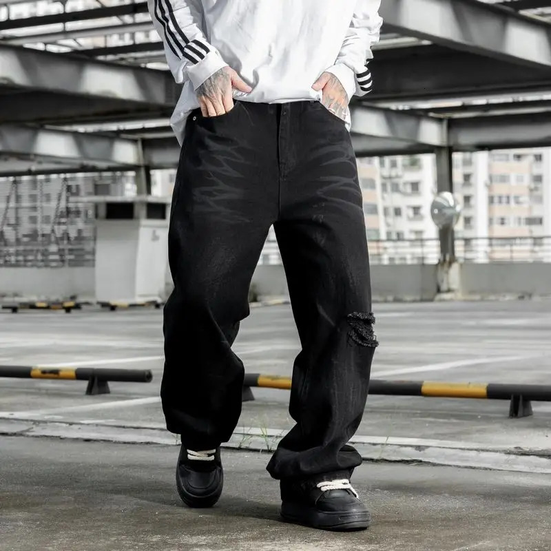European and American Streetwear High Street Washed Gradient Hole Loose Straightleg Jeans Fashionable Mens Trousers 251205