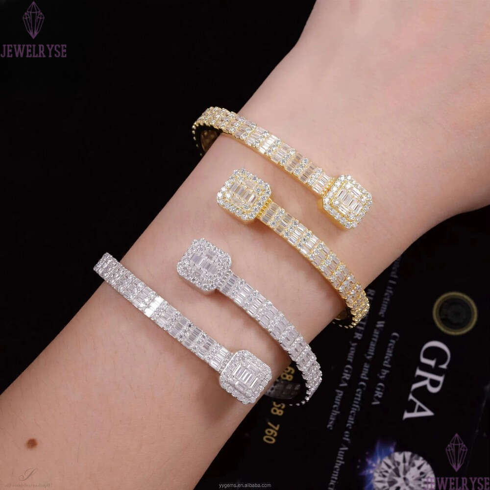 New Arrival Fashion Design S925 Silver 18k Gold Plated VVS Moissanite Baguette Diamond Cuban Link Bracelet with GRA Certificate