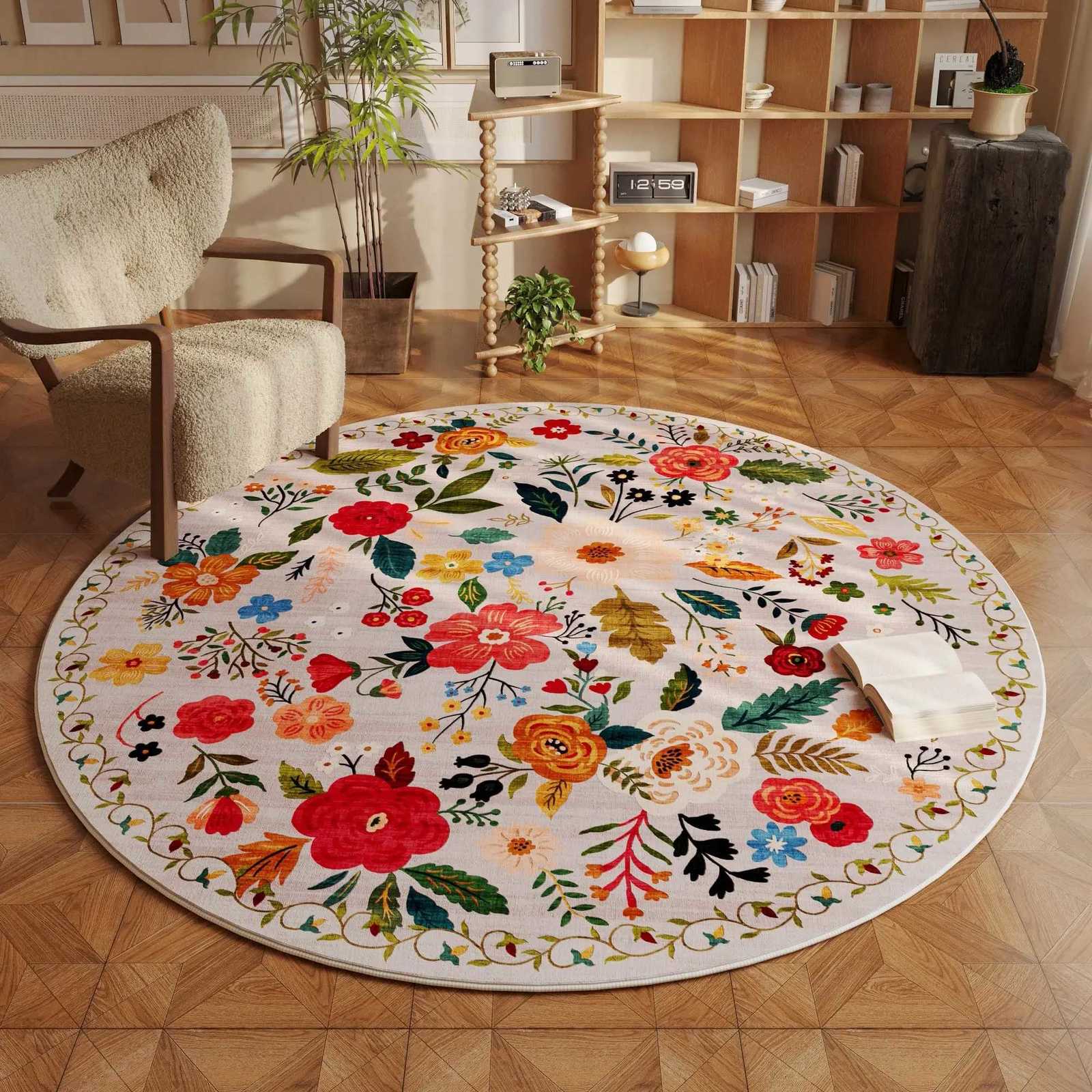 VIKAMA Round Rug 4ft Washable Circle Rug Non Slip Low e Boho Floral Small Area Rug for Bedro Bathro Entryway He Decor Y251216