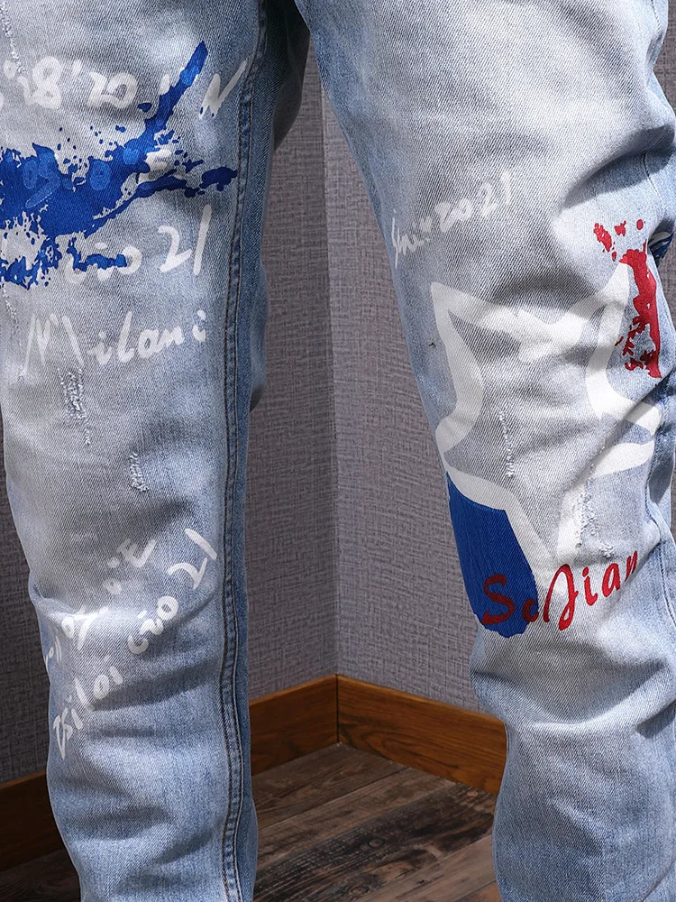 Slim Straight Jeans Men Trendy Printed n Streetwear Fashion Vintage Washed Stretch Handsome Mens Pants 251205