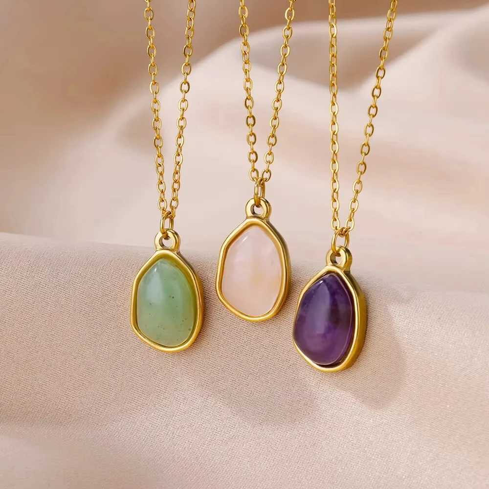 Trendy Oval Colorful Stone Necklace For Women Stainless Steel Gold Color Green Opal Stone Pendant Necklace Aesthetic Jewelry Gif G251217