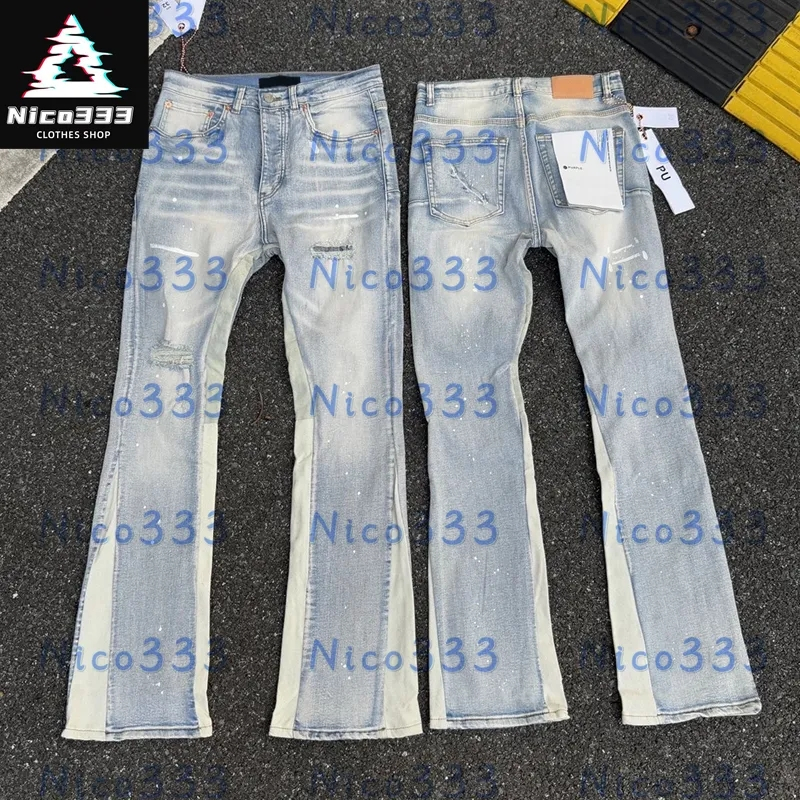 Newest purples Jeans patchwork contrast color splatter dye distressed frayed hem slightly flared design washed slim fit versatile unisex PU flared jeans