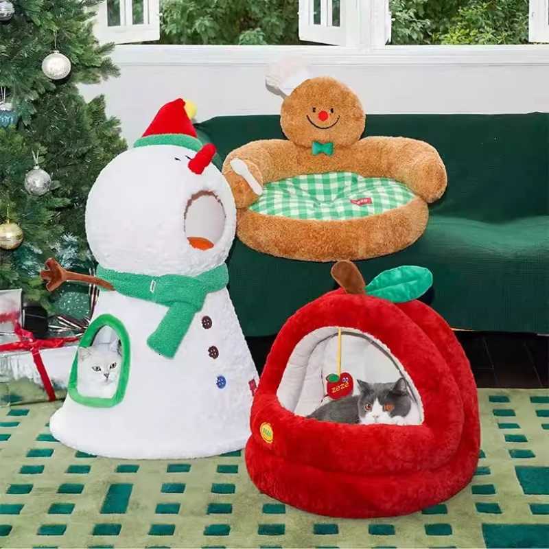 Winter Warm Kitty Tent with Semi-Enclosed Christmas Apple Cat Bed Plush Yurt Style Pet House Separable Cat Shelter for Indoor M251217