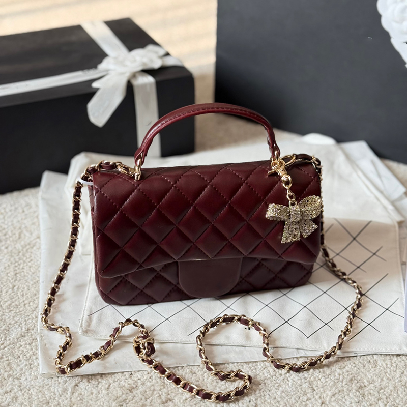 25K Portable Lambskin Top Handle Totes Bag With Diamonds Bowknot Charm Classic Mini Flap Square Quilted Bags Turn Lock GHW Crossbody Shoulder Handbags Purse 20CM